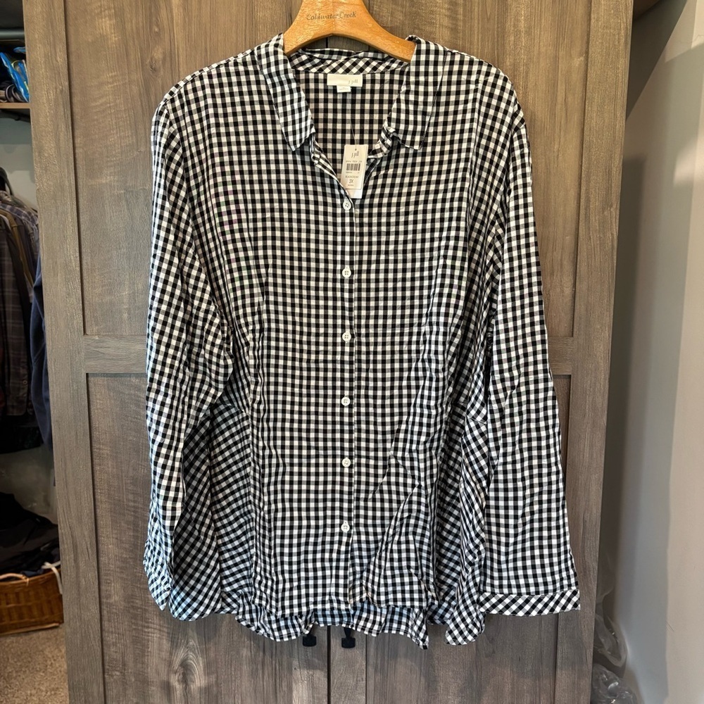 NWT J Jill 3X Button Down Shirt Tunic Black White gingham Long Sleeve